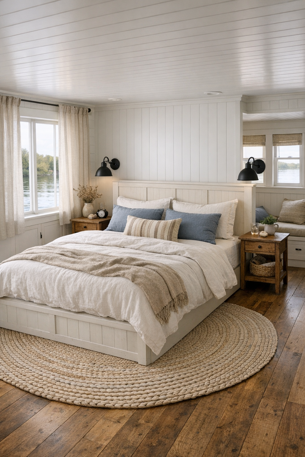 Calm farmhouse bedroom with paneled headboard and soft blue accents