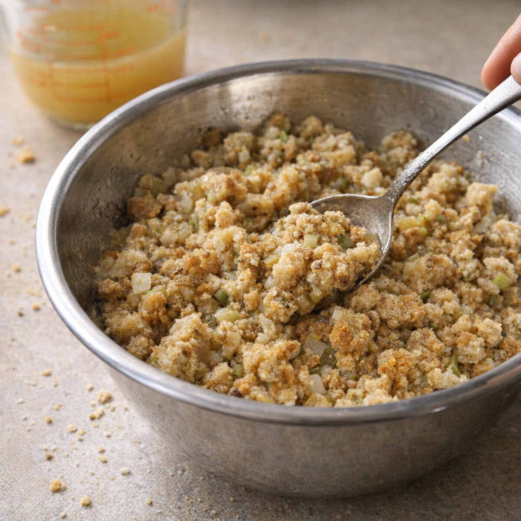 Stuffing mixture being stirred in a mixing bowl