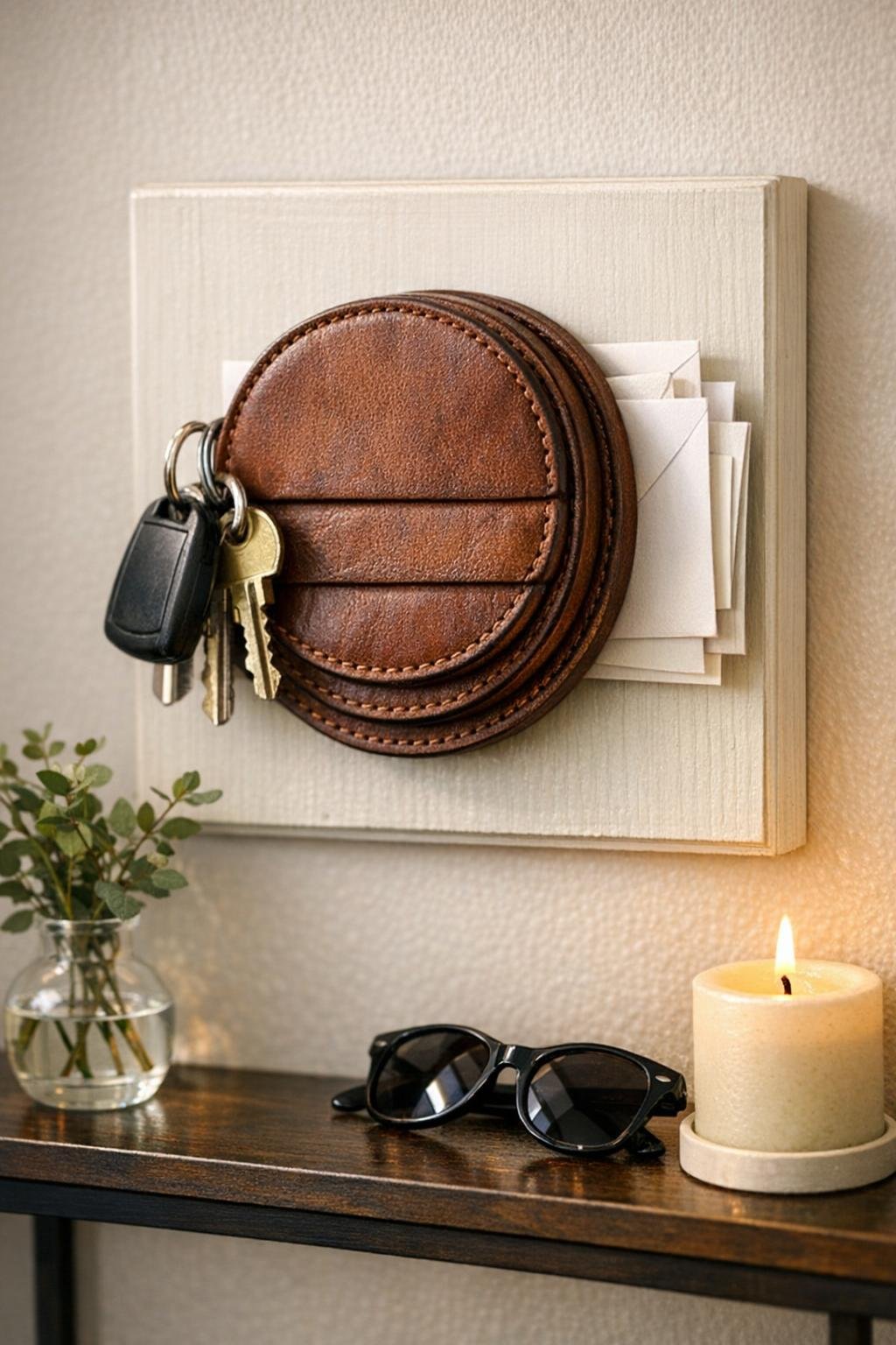 Finished leather coaster entryway pocket emptier mounted on a wall