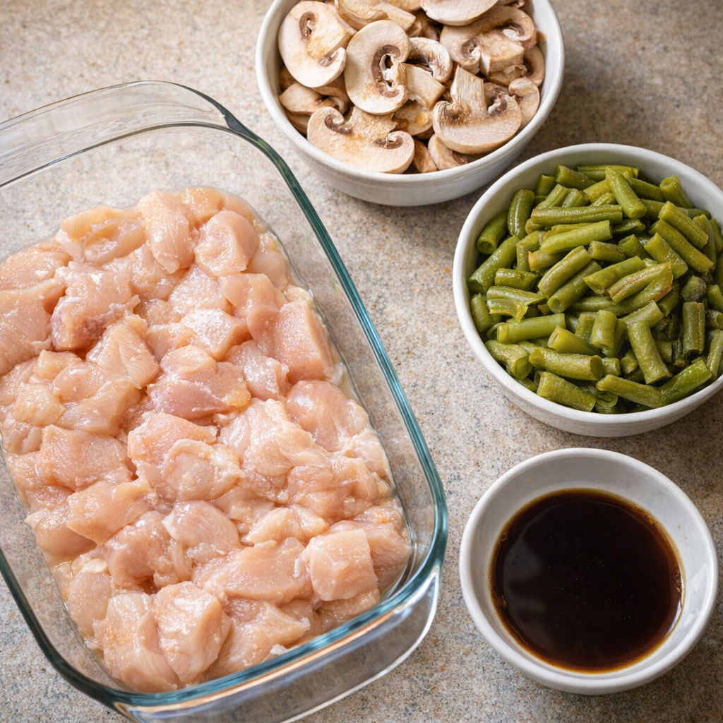 Variation ingredients including green beans and mushrooms beside casserole prep