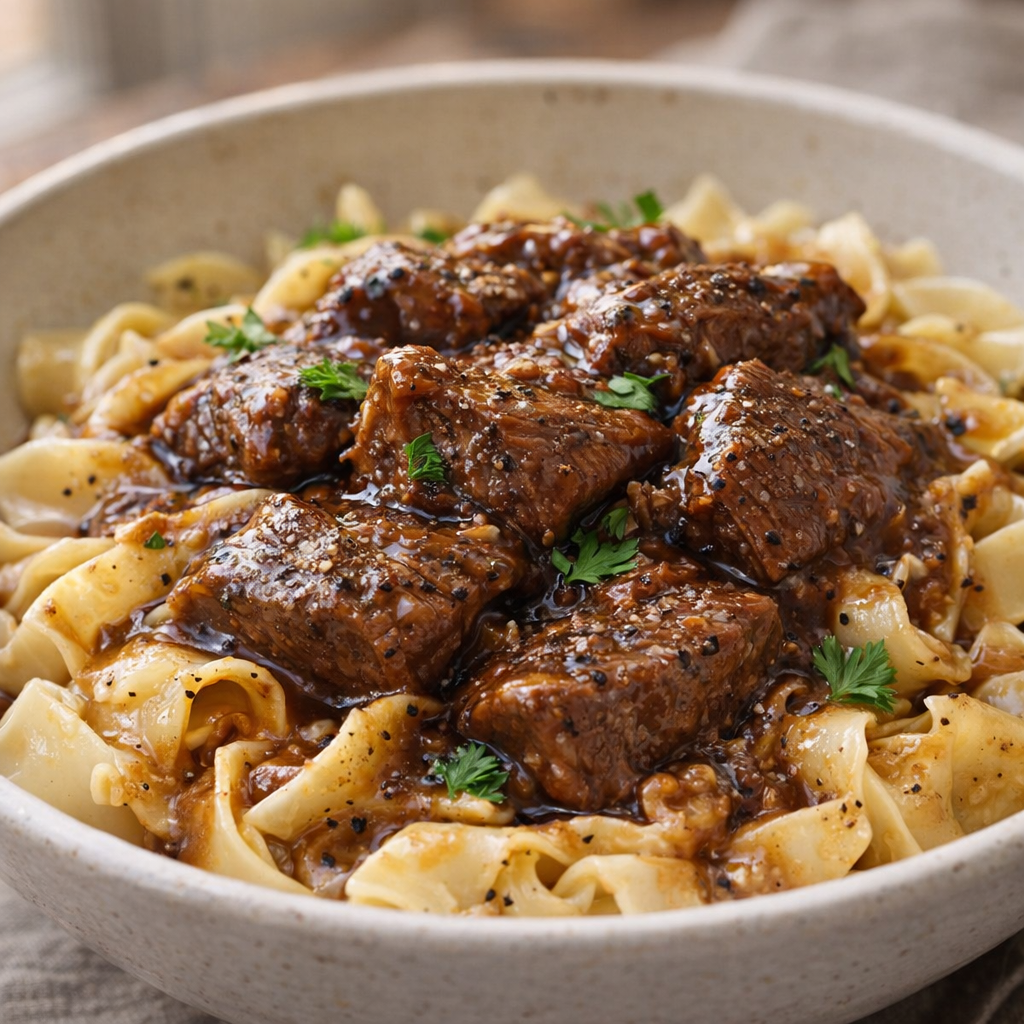 Finished beef tips over buttered egg noodles