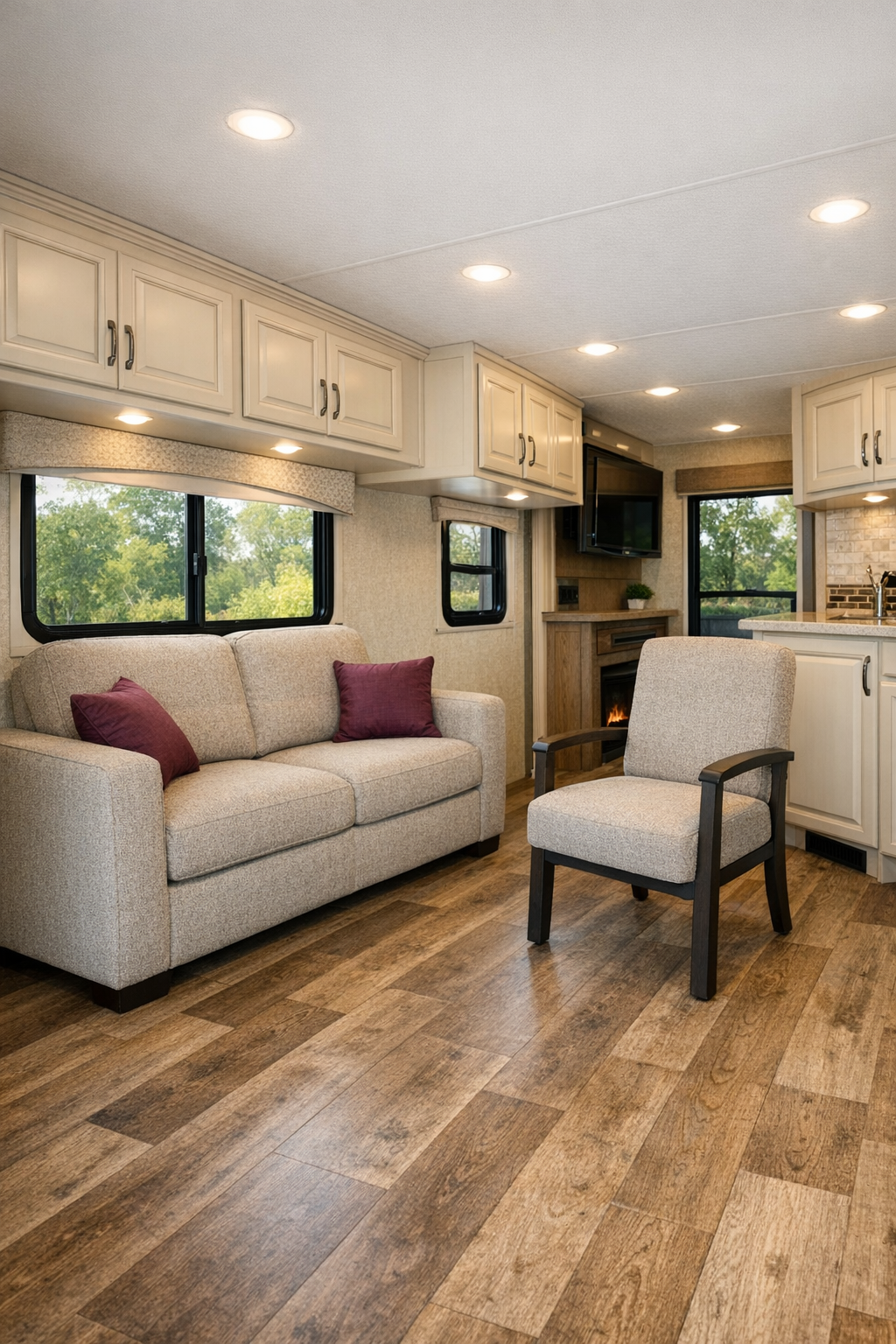 Accessible RV living room with light cabinetry, soft seating, and plum accents