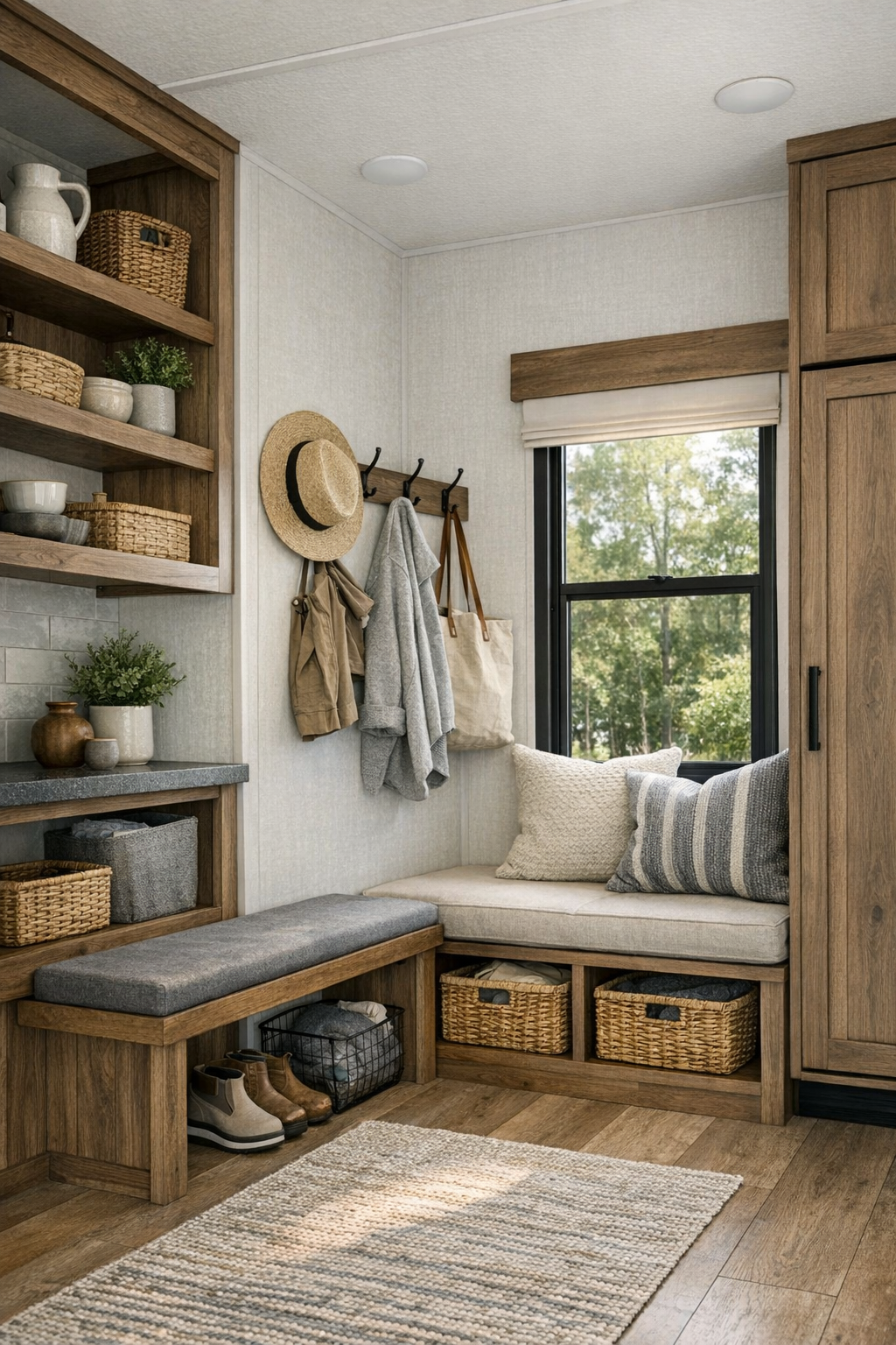 Thoughtfully designed RV multipurpose nook with built-in storage and a cozy window seat