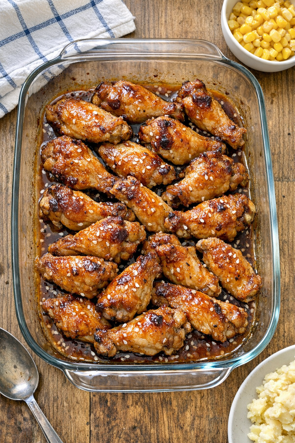 Baked chicken wings in a glass casserole dish