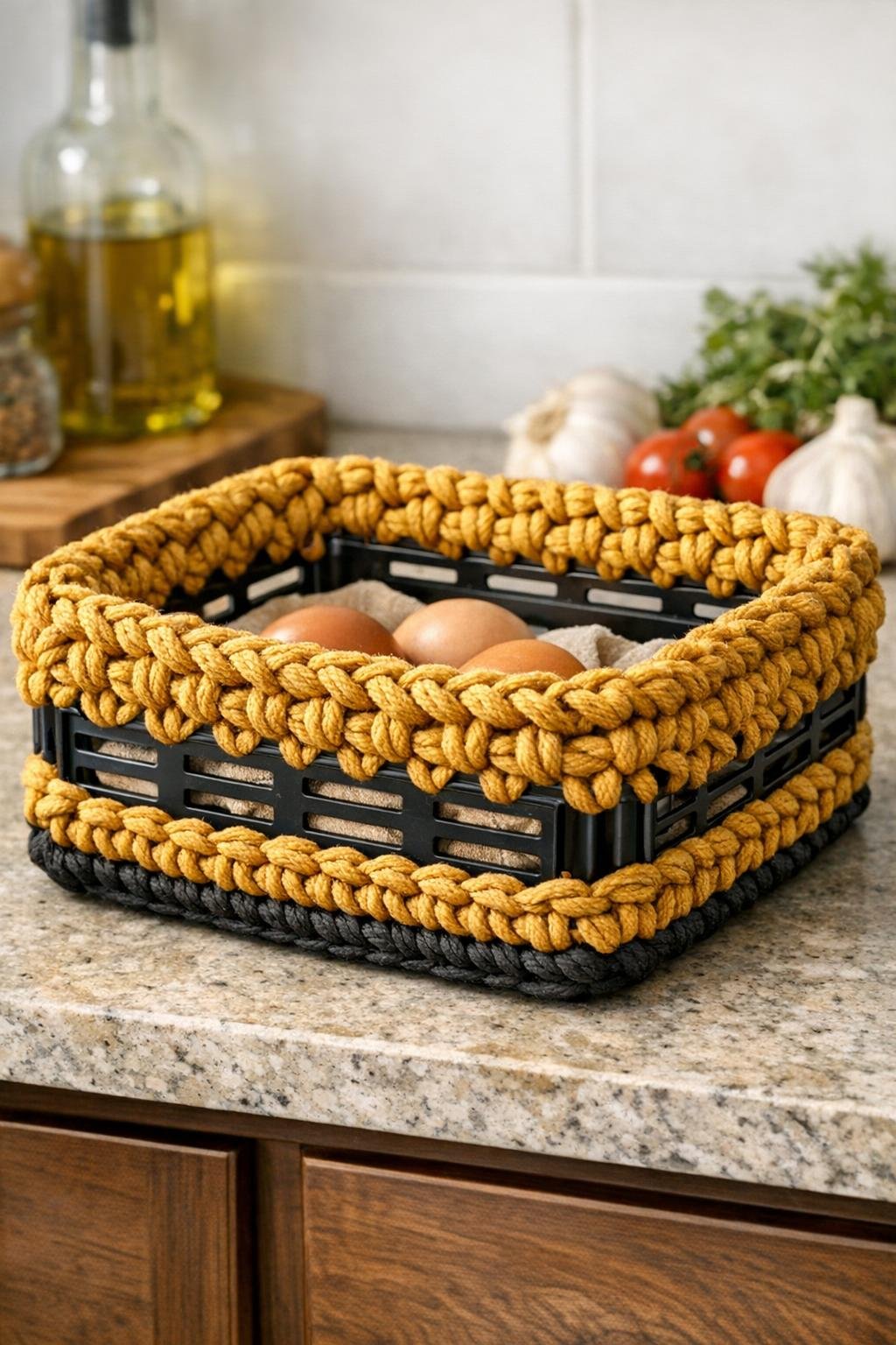 Finished decorative basket made from a black plastic paper tray and harvest gold crochet