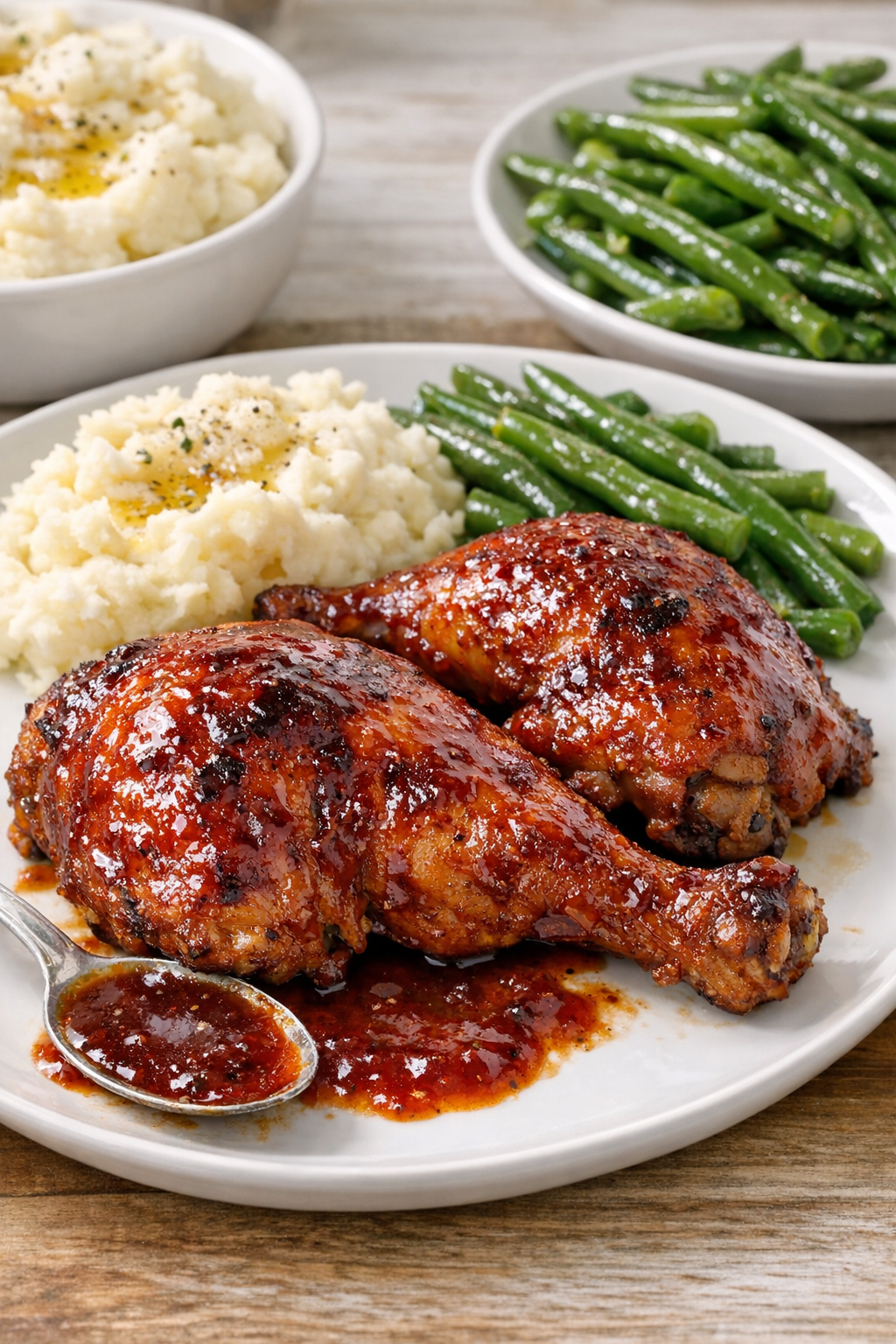 Finished glazed baked chicken legs on a dinner plate