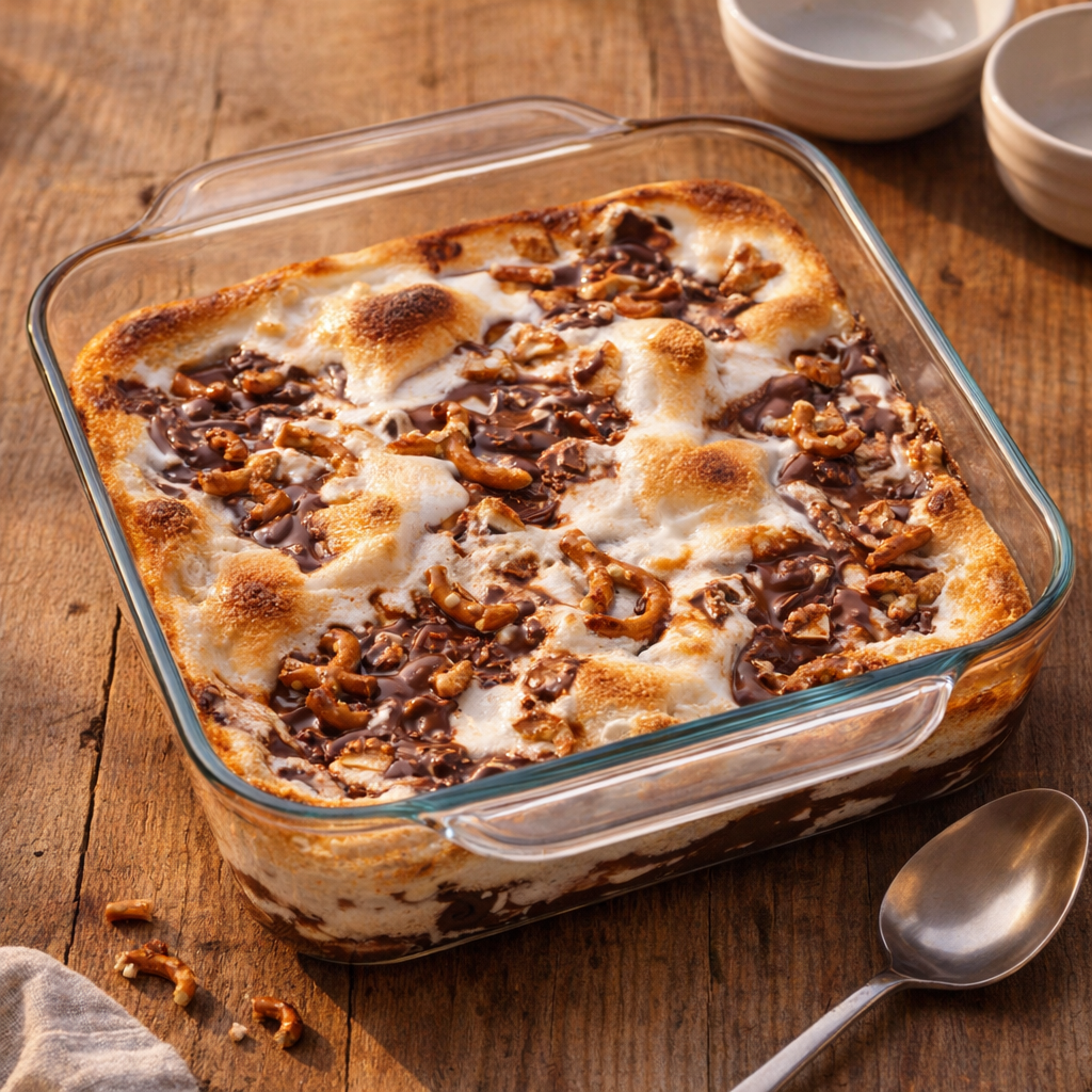 Glass baking dish filled with marshmallow fluff dessert on a farmhouse table
