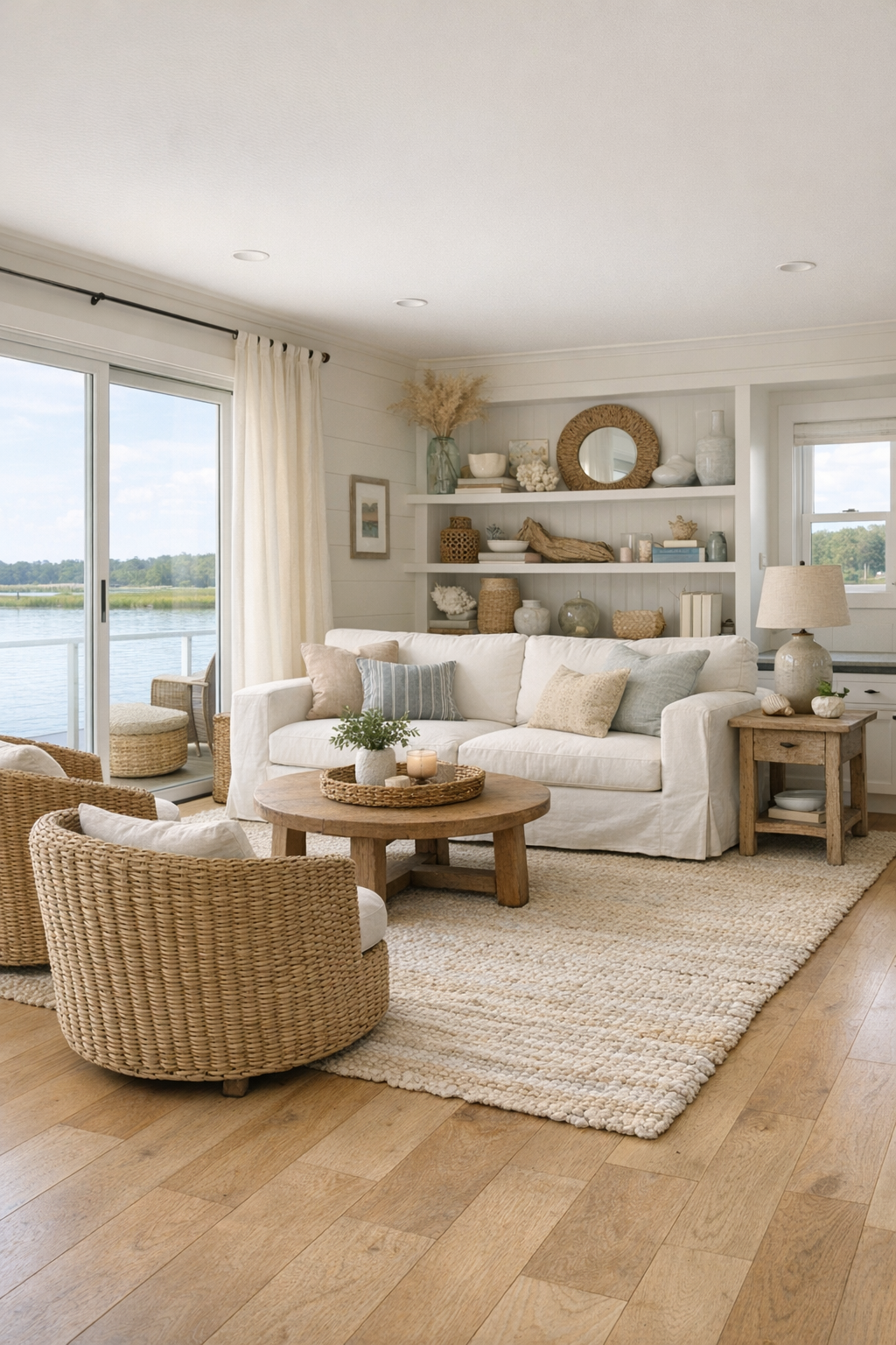 Bright living room with slipcovered seating, pale oak floors, and woven coastal textures