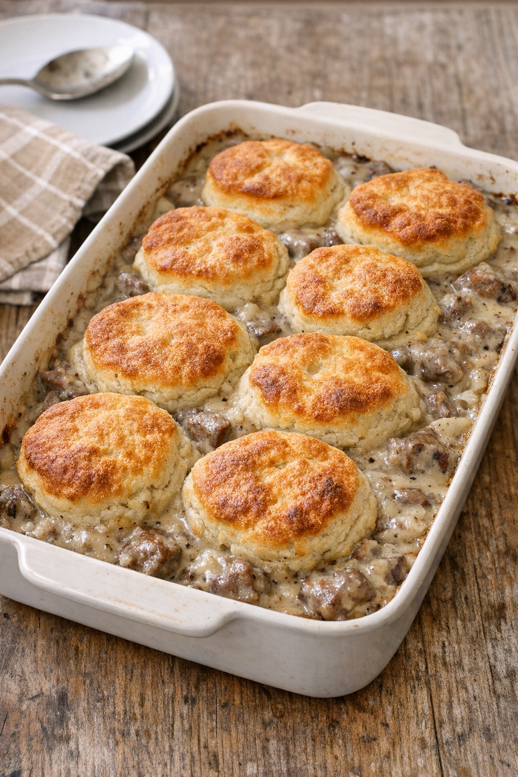 Finished beef and gravy biscuit bake in a rustic baking dish