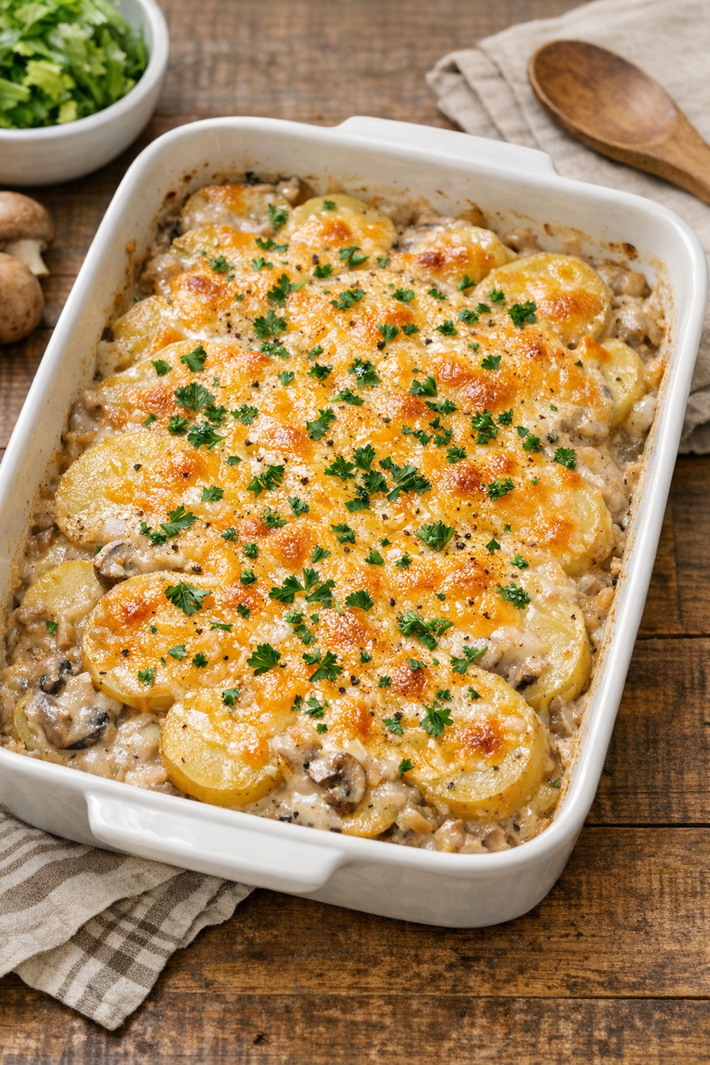 Baked creamy mushroom potatoes in a casserole dish