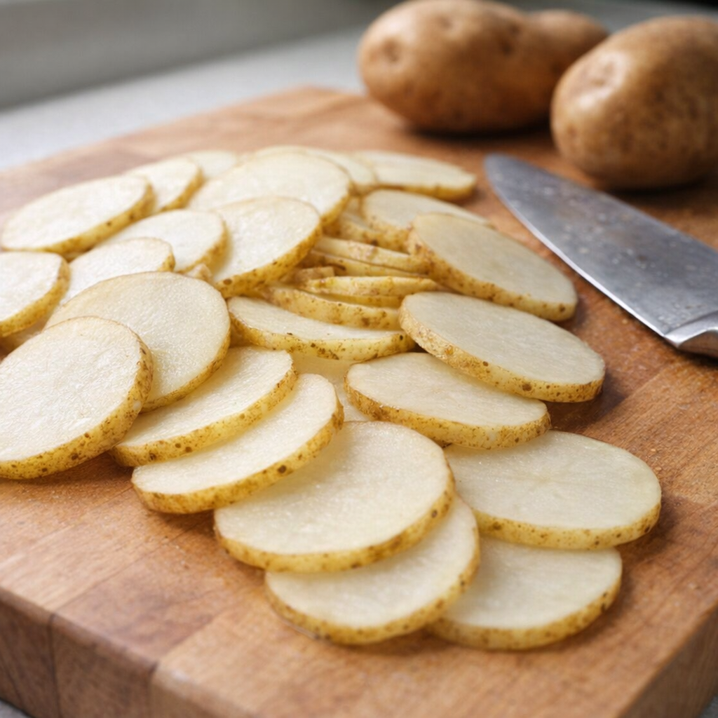 Thinly sliced russet potatoes on a cutting board