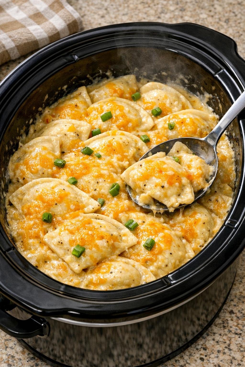 Finished cheesy pierogi casserole in a slow cooker