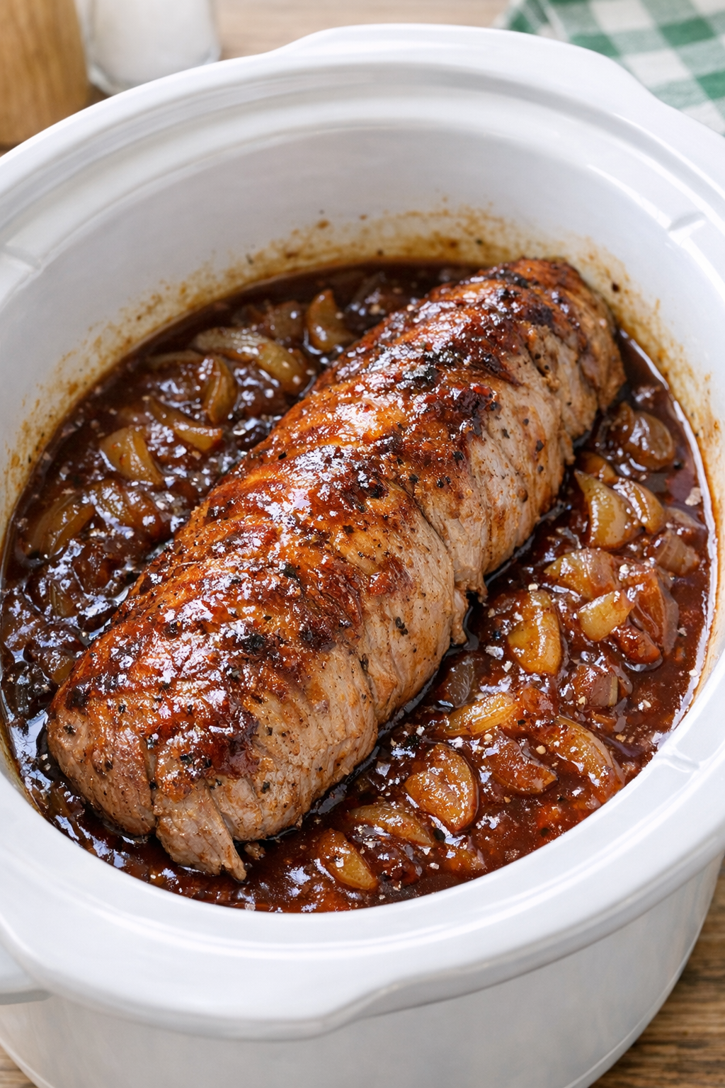 Cooked pork tenderloin in slow cooker with sauce