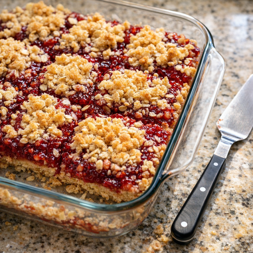 Raspberry preserves spread over the crust with crumble topping added