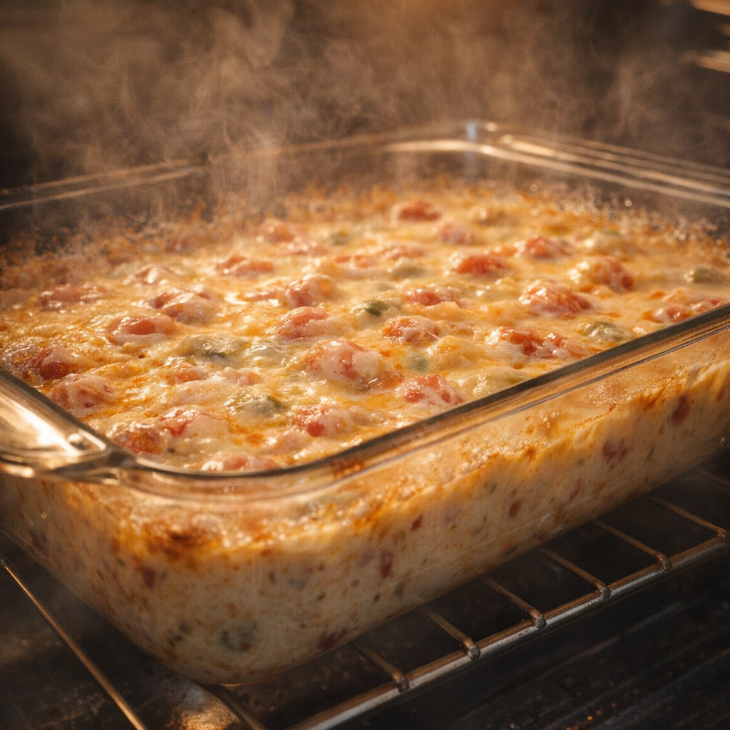 Freshly baked Rotel dip bubbling from the oven
