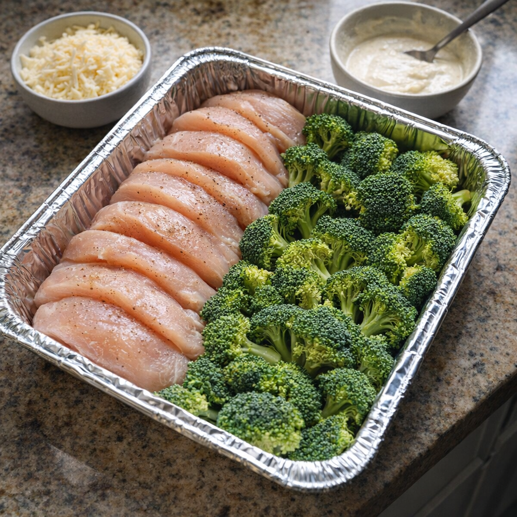 Een met folie beklede ovenschaal met plakjes kip en broccoli, klaar voor een ovenschotel met kaas.