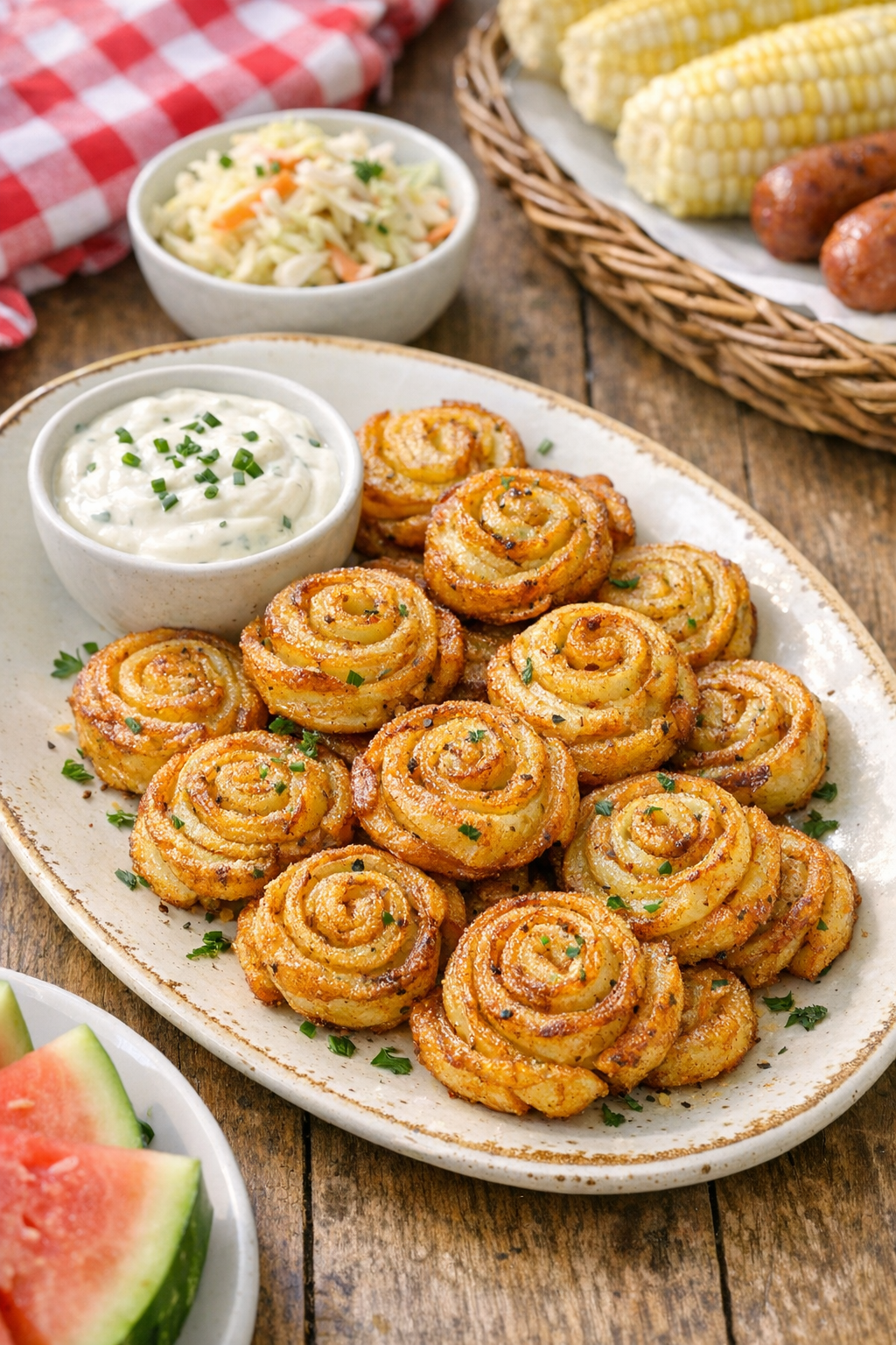 Plated crispy potato pinwheels with dipping sauce