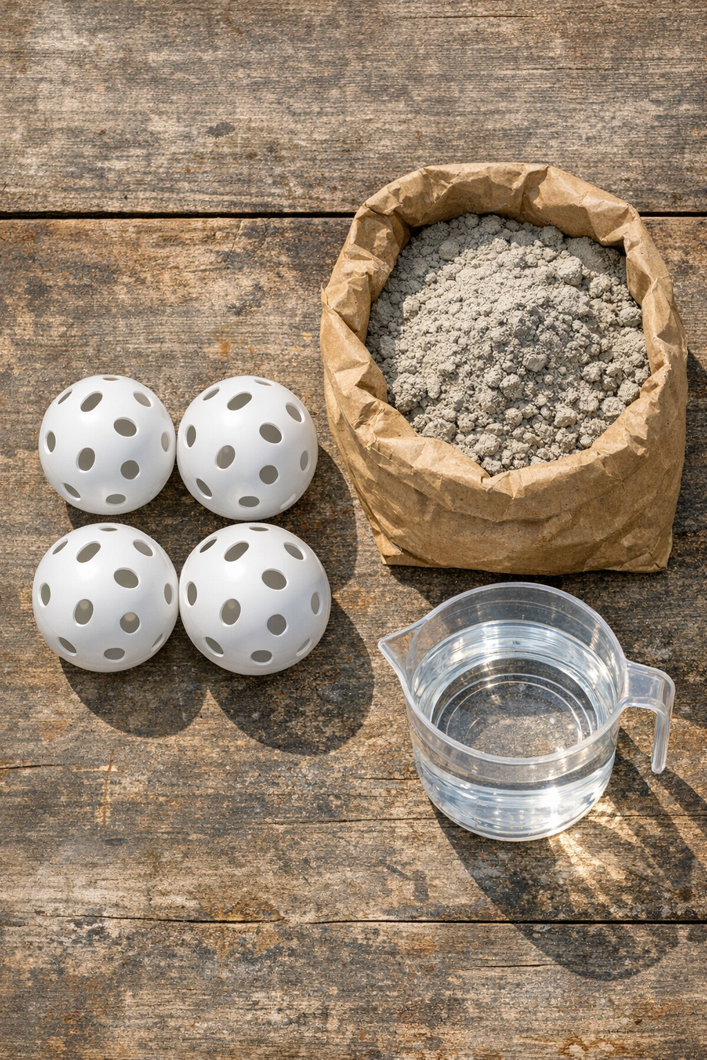 Materials for making cement yard forms with plastic wiffle balls