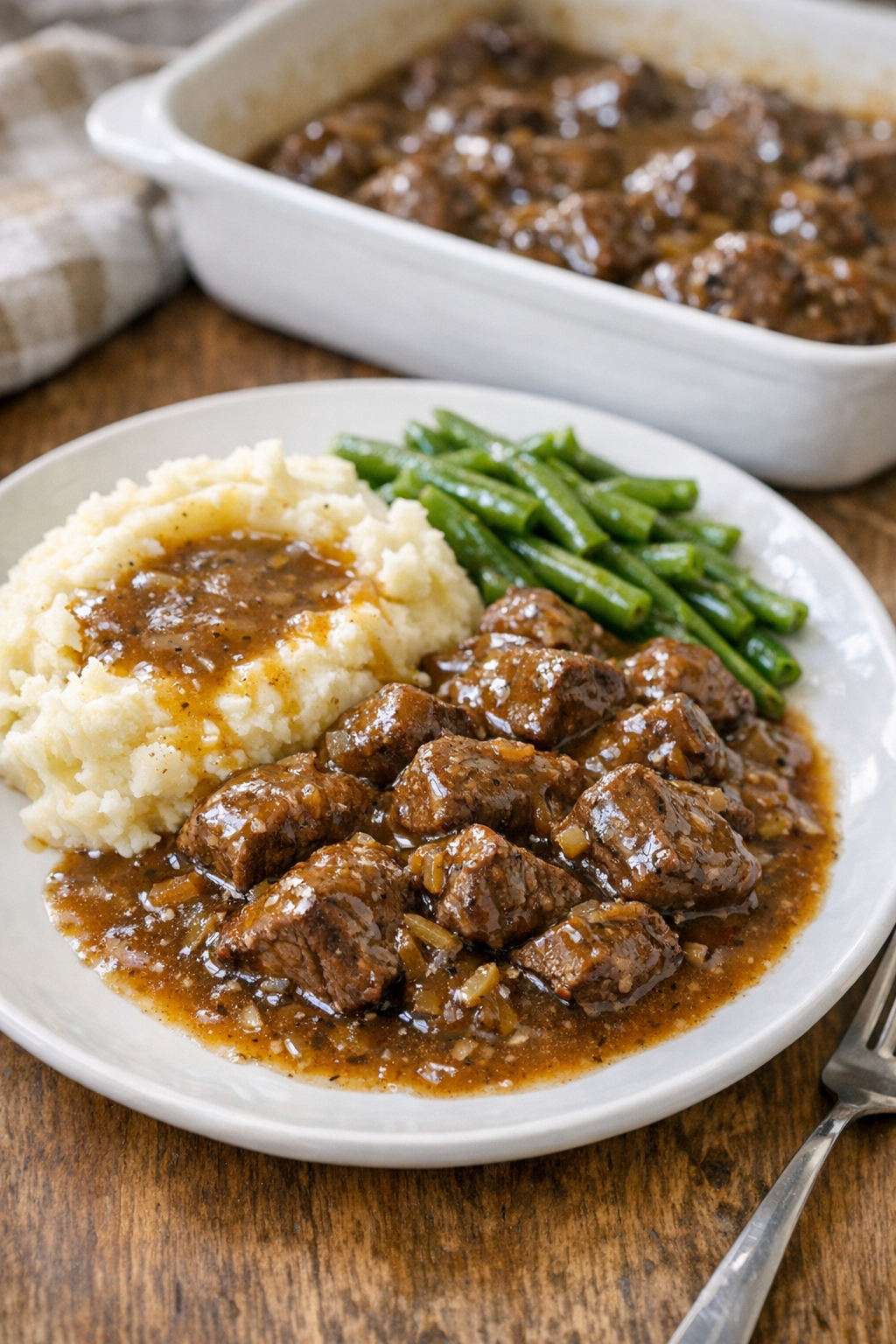 Finished Amish smothered beef tips plated with gravy
