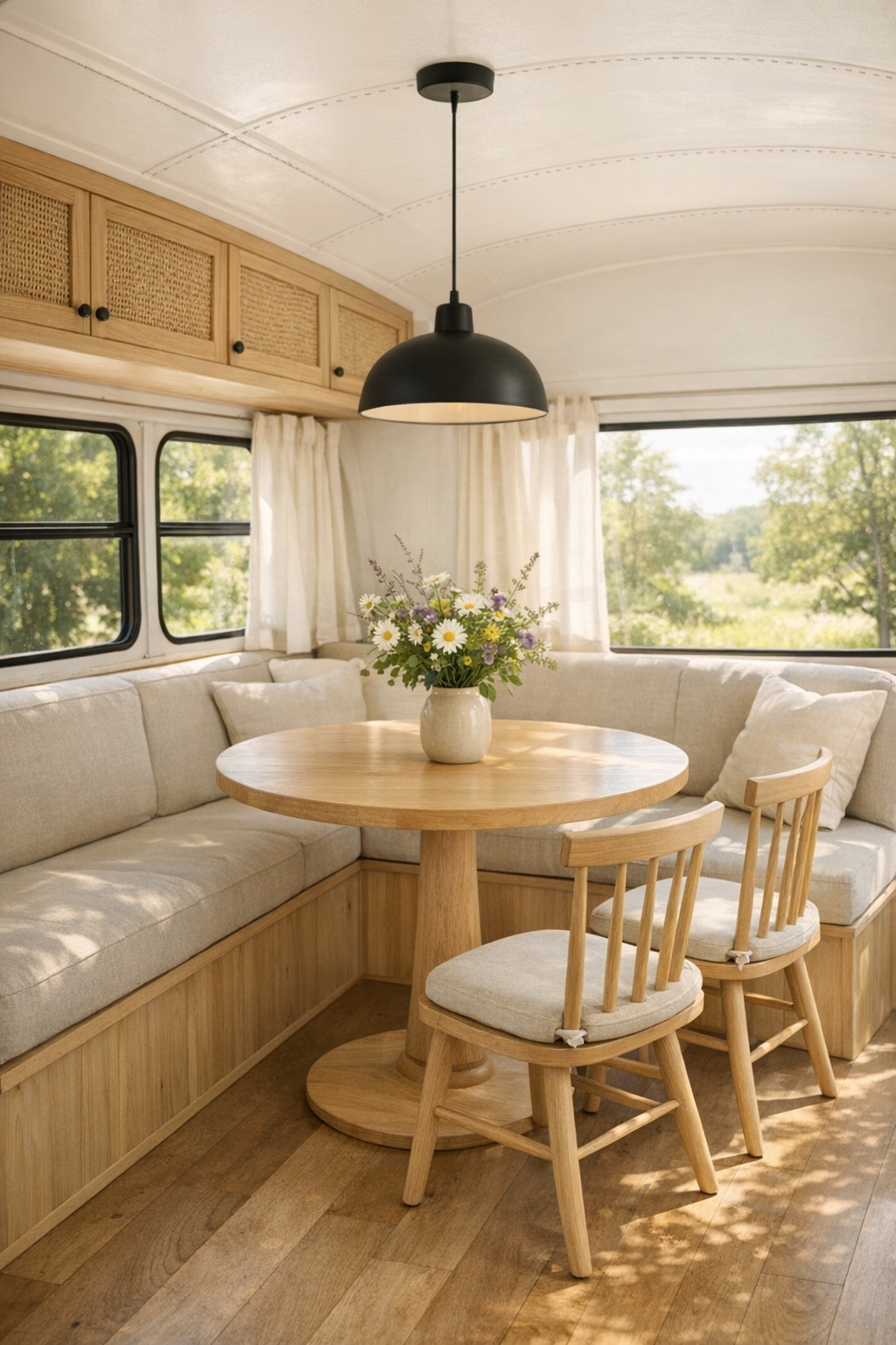 Cozy dining nook with built-in banquette and round table inside the converted bus