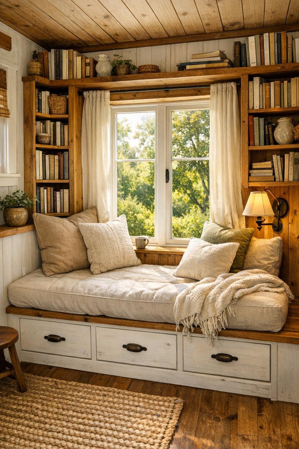 Built-in reading nook with window seat and shelves in a tiny home