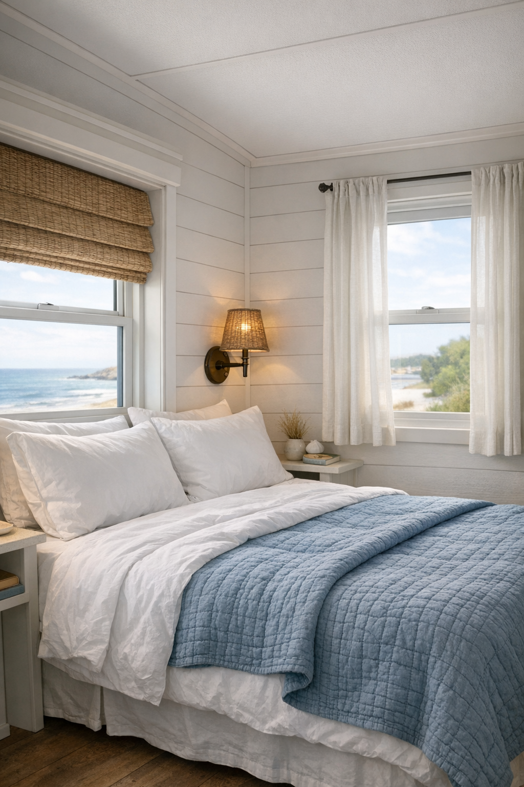 Serene coastal bedroom with white bedding and blue quilt accents