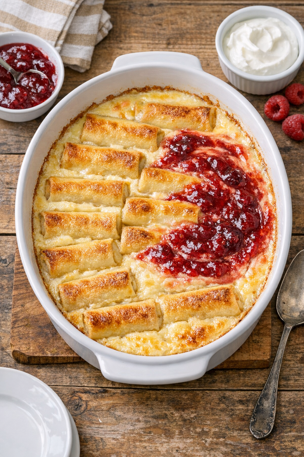 Baked cheese blintz dessert in casserole dish