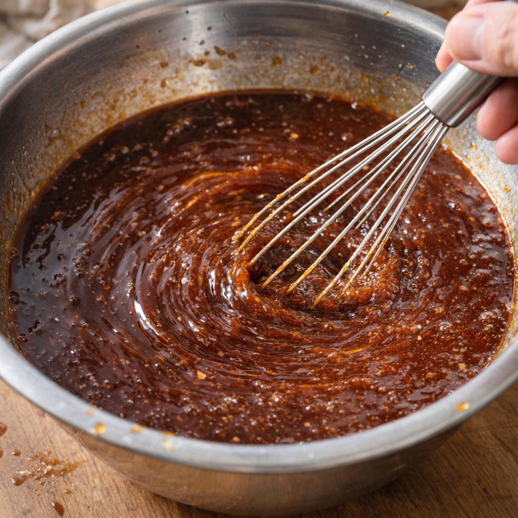 Glossy sauce being whisked in a mixing bowl