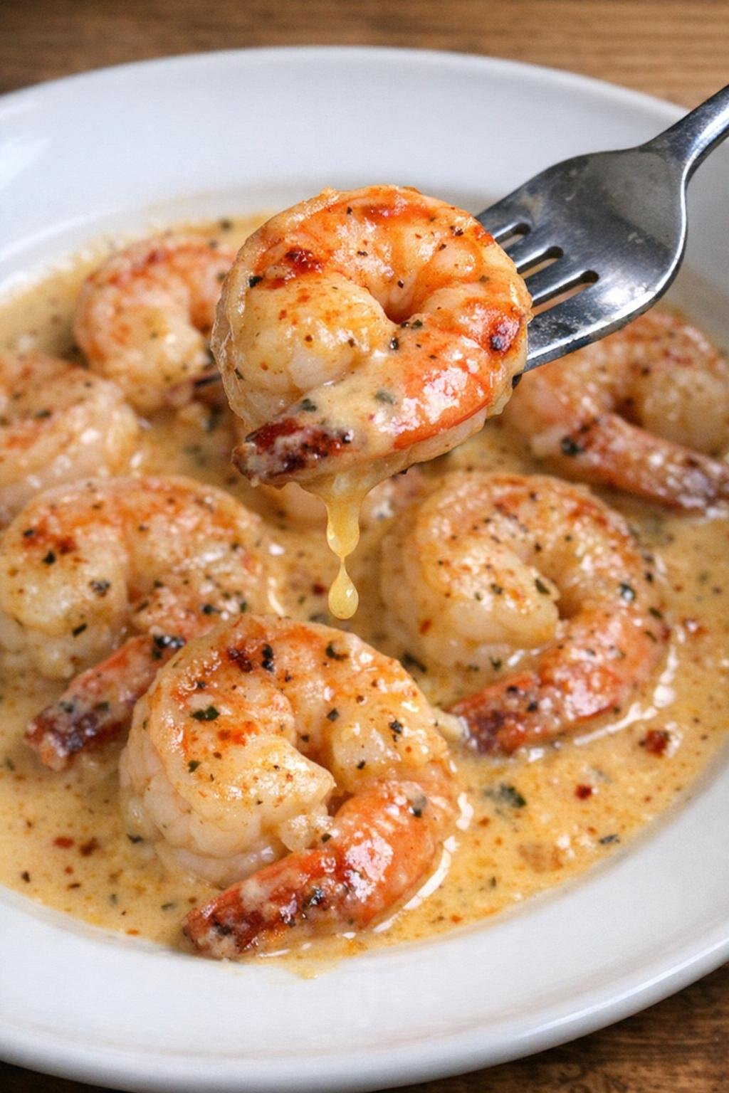 Plump shrimp in Cajun cream sauce on a white plate