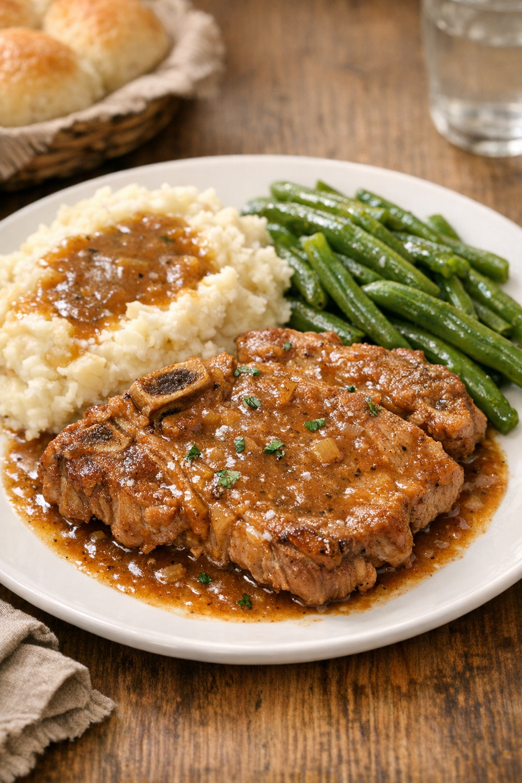 Finished slow cooker bone-in pork steaks plated with gravy