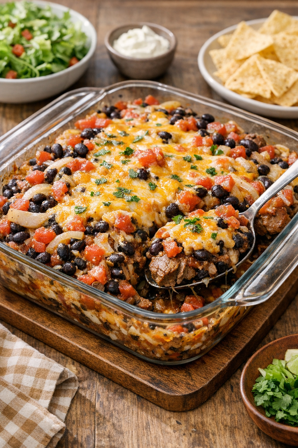 Finished baked beef and black bean casserole on a dinner plate