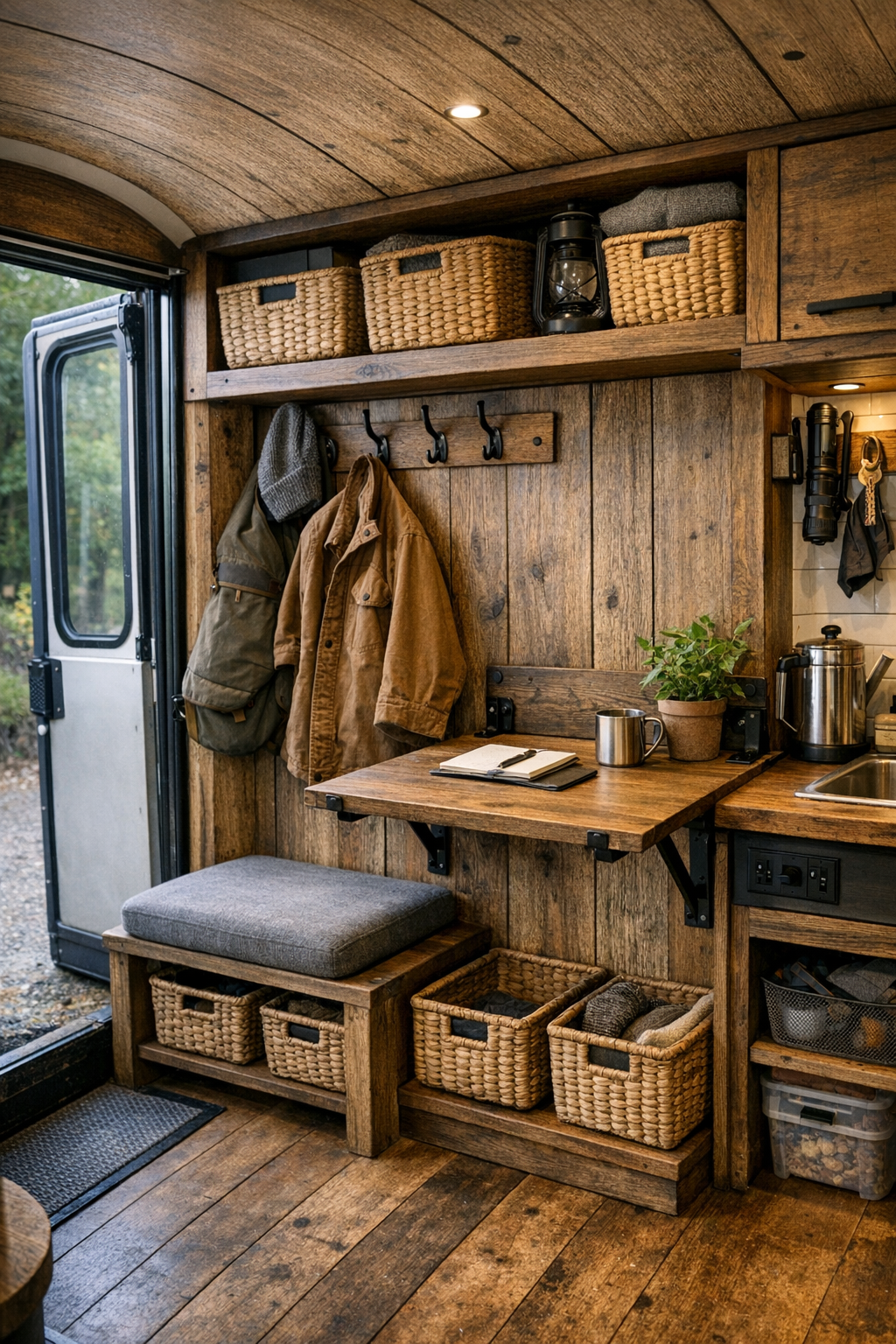 Bus entry and utility area with bench, hooks, storage baskets, and fold-down work surface