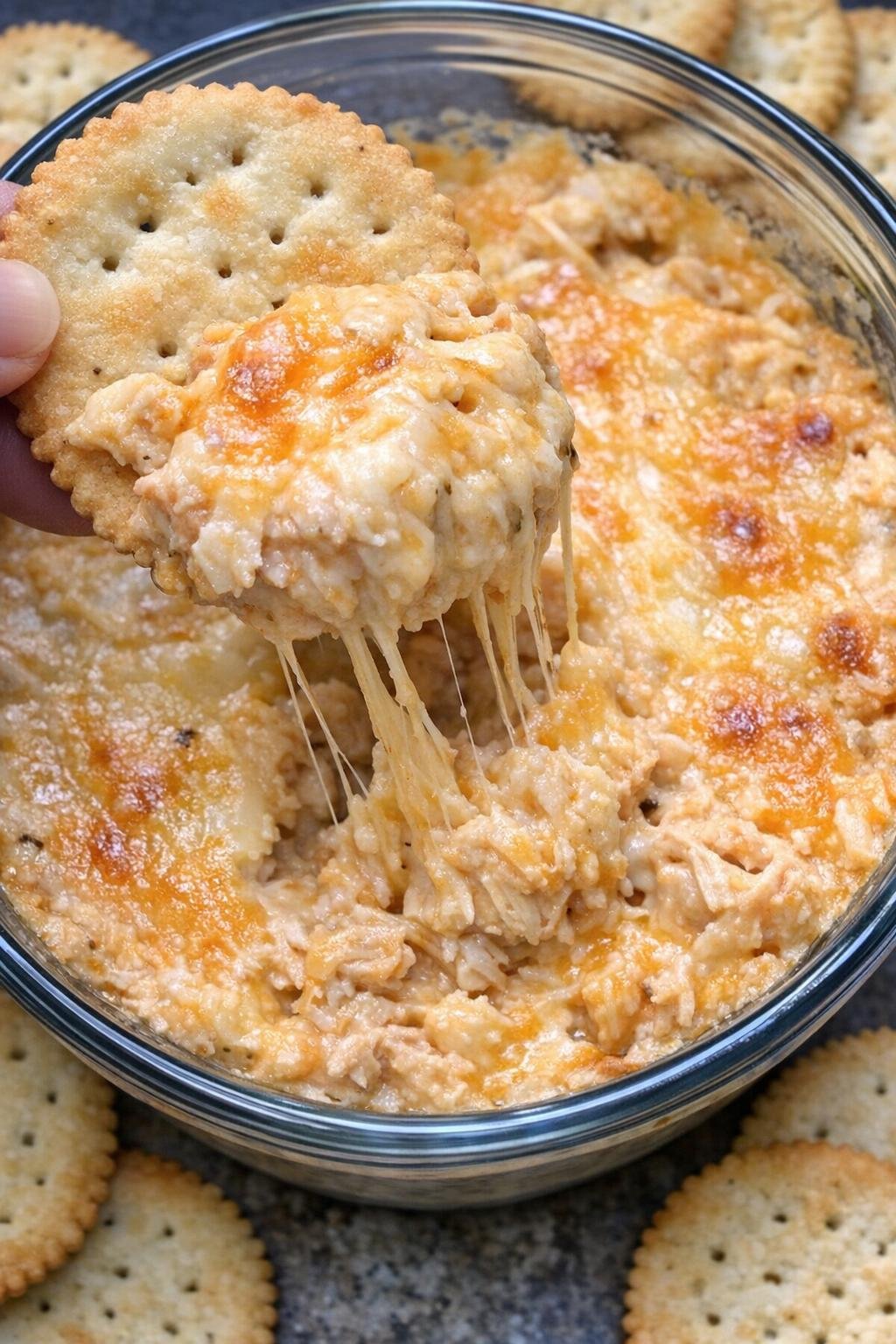 Chicken Kessler dip in a glass bowl with a cracker lifting a cheesy scoop