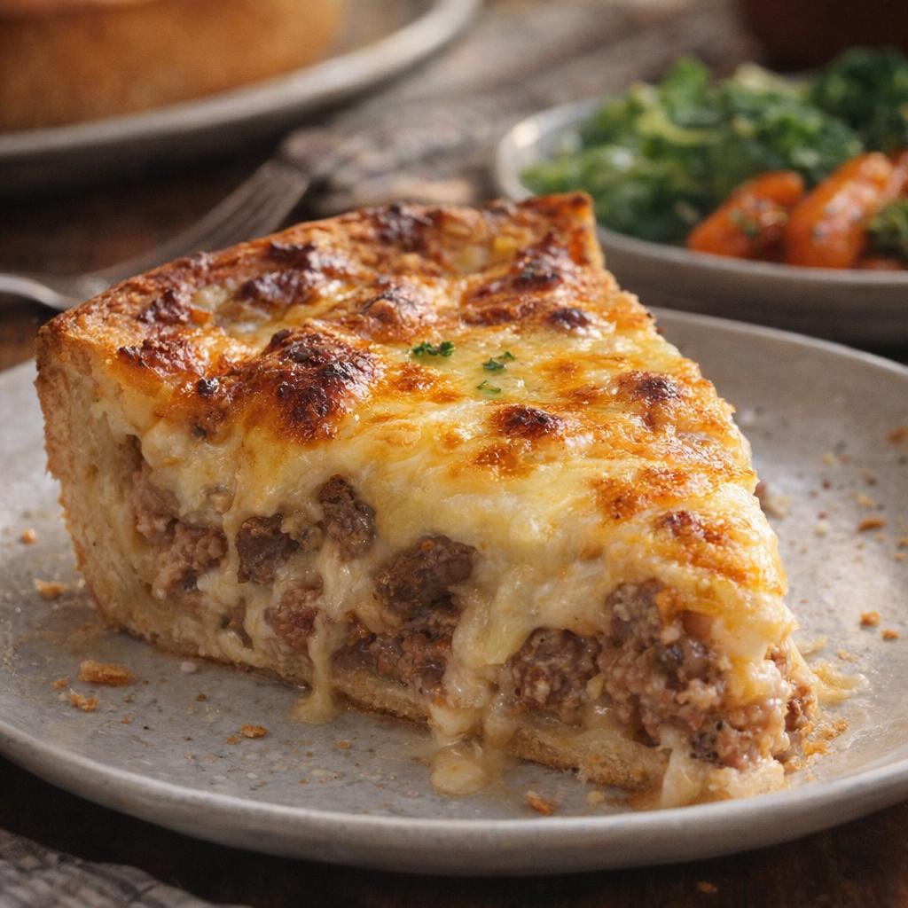 Slice of sausage pie served on a plate