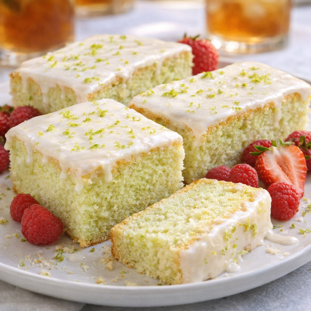 Glazed key lime cake slices with berries on a serving plate