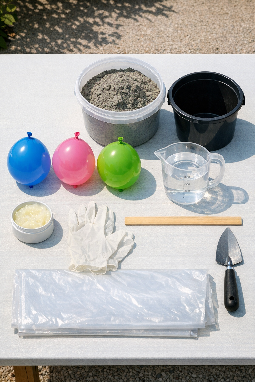 Materials for making cement garden orb shells laid out on a work surface
