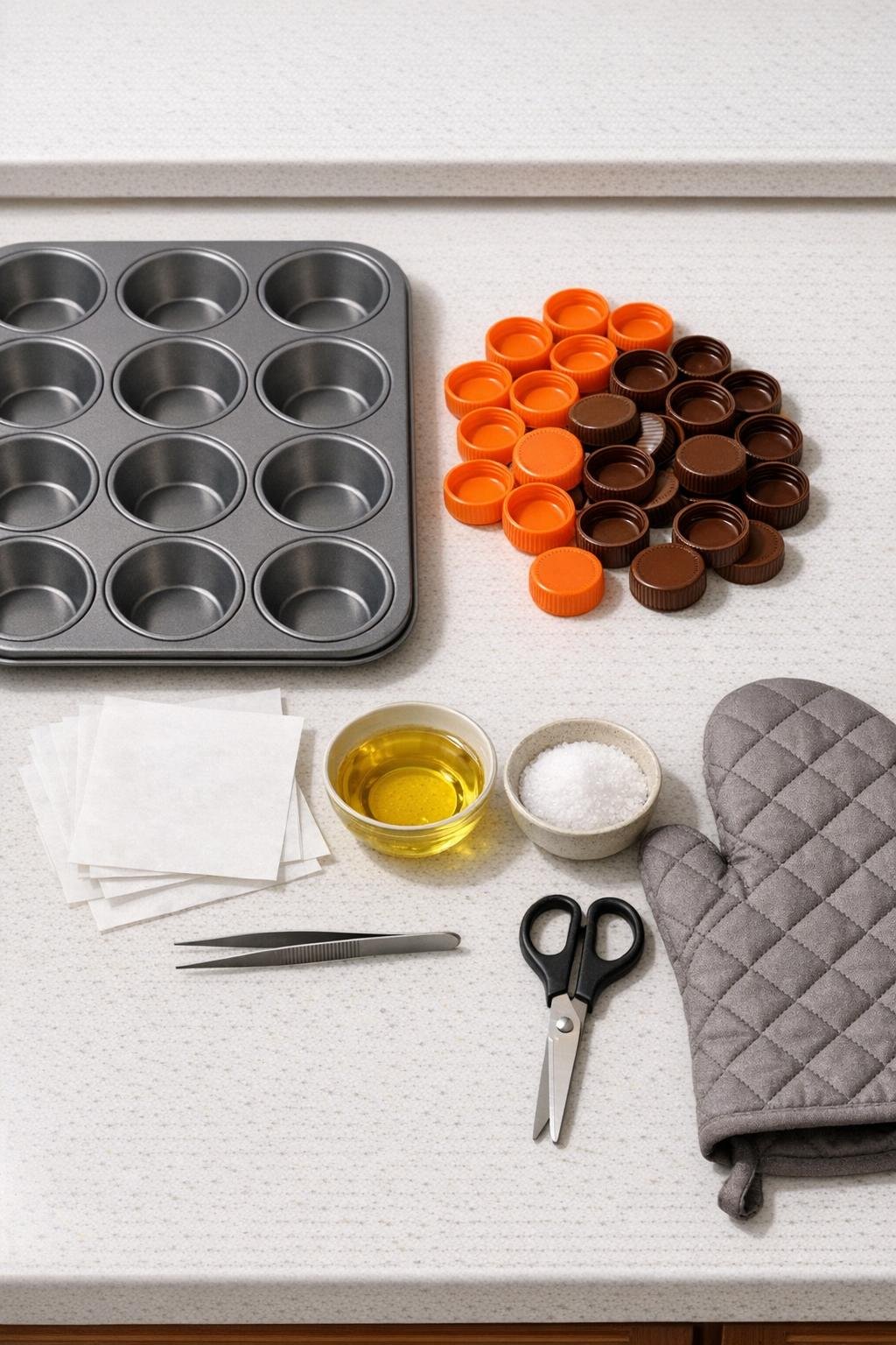 Materials for making melted bottle cap harvest sunset coasters laid out on a work surface