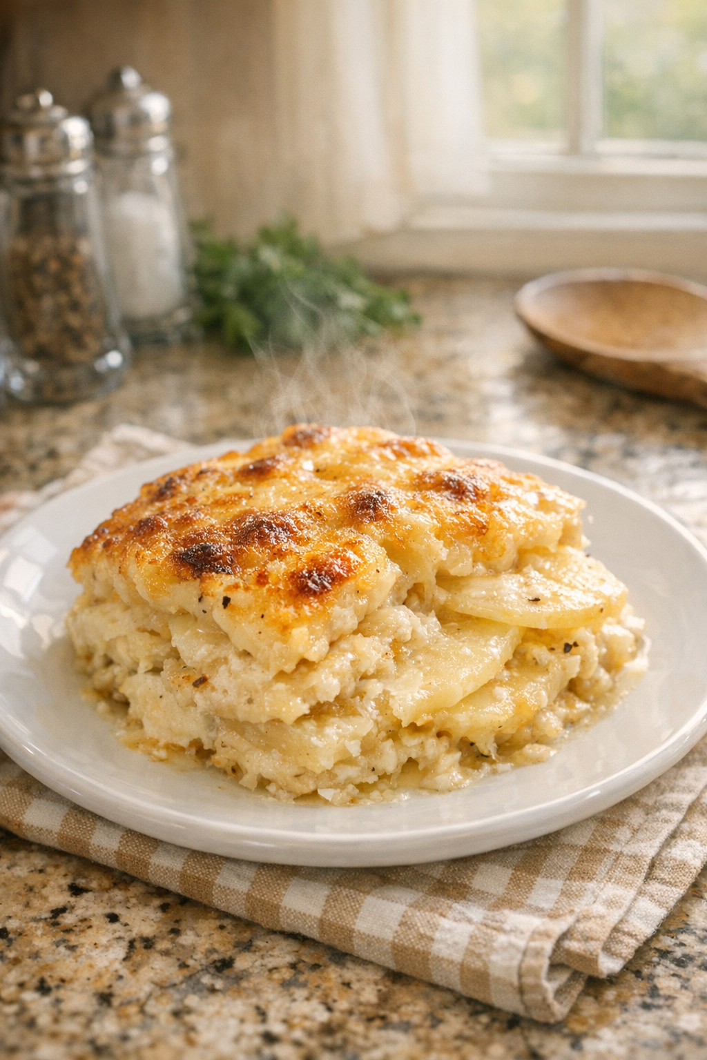 Finished plated scalloped potatoes with creamy layers and golden top
