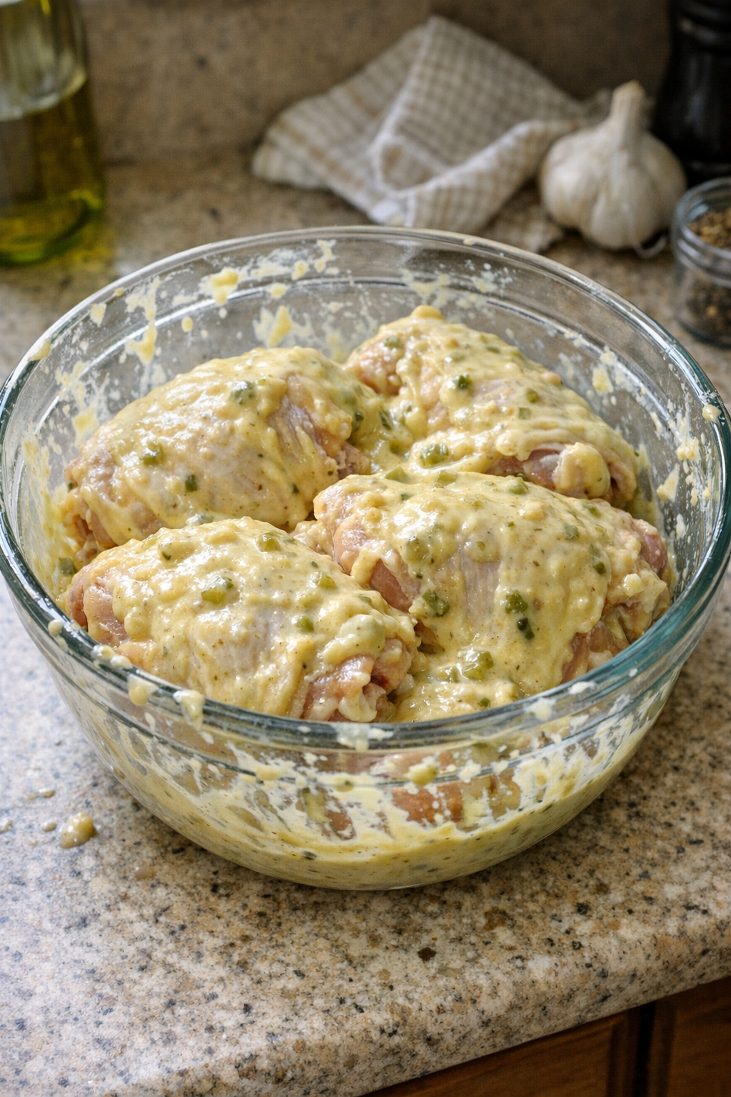 Raw chicken thighs coated in a pale yellow marinade in a glass bowl