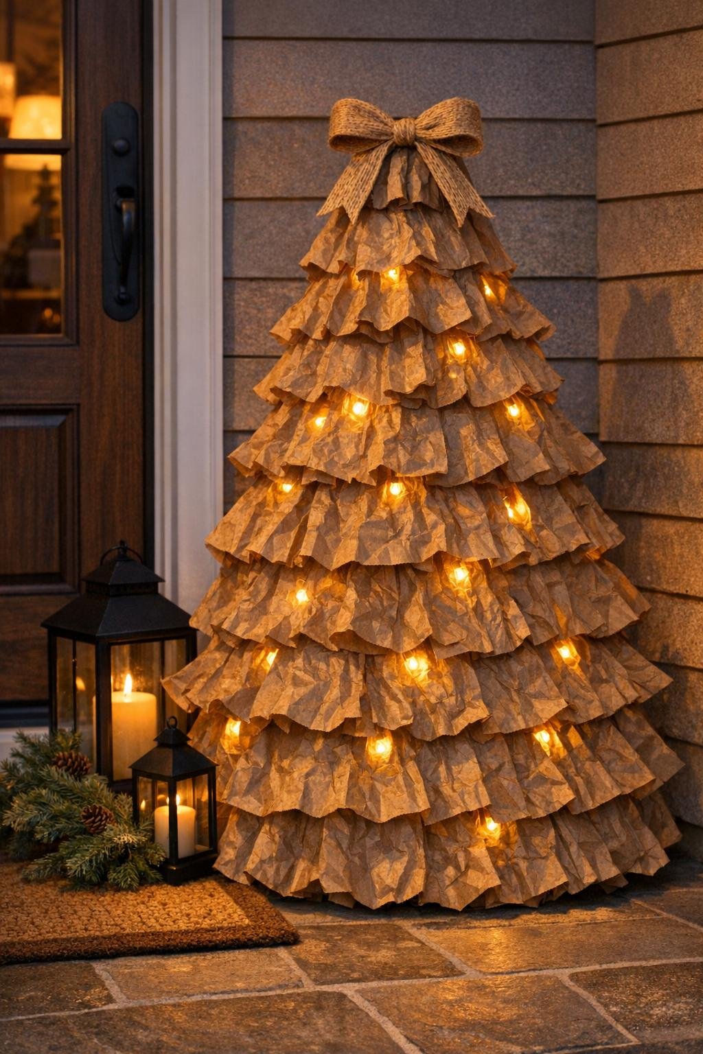 Finished lighted porch tree made from brown paper lunch bags displayed by a front door