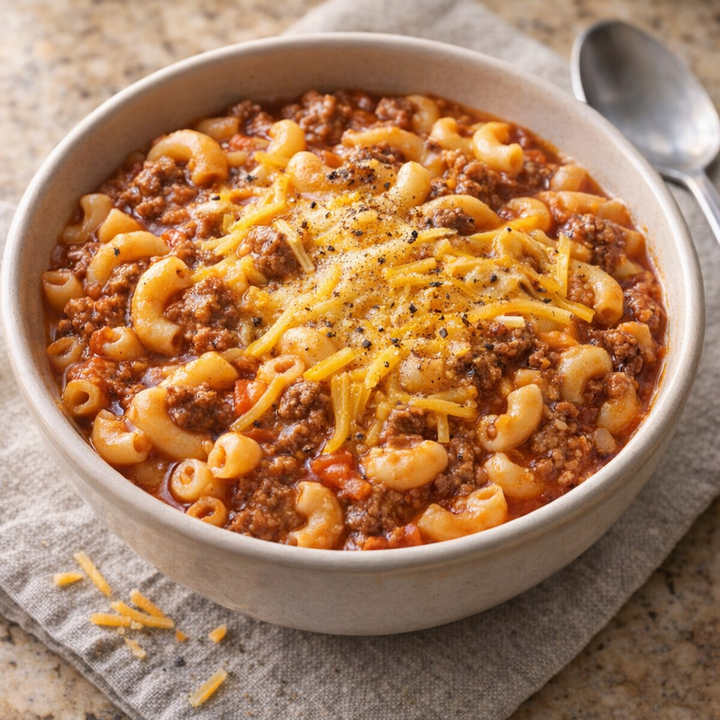 Slow cooker beef and macaroni served in a bowl