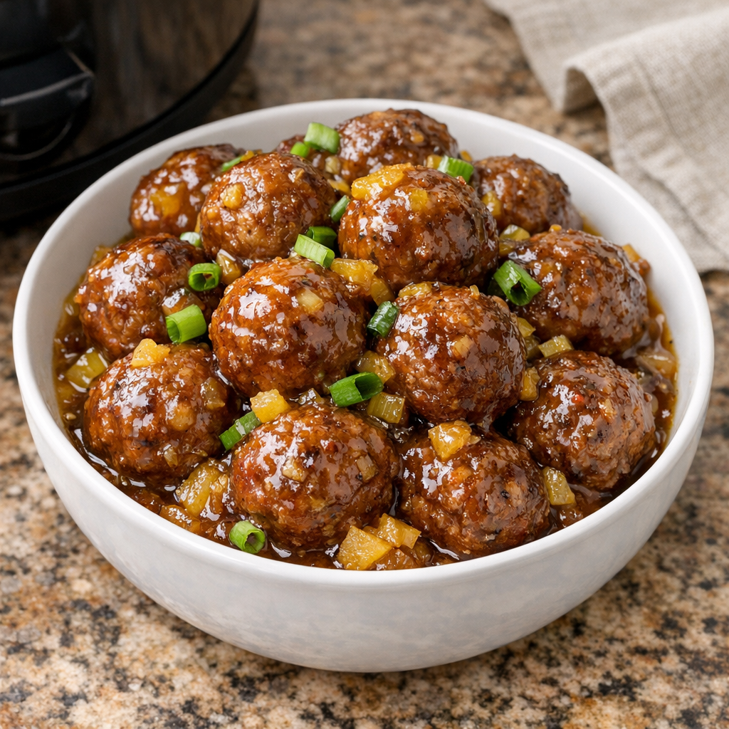 Finished Hawaiian beef meatballs plated with pineapple sauce