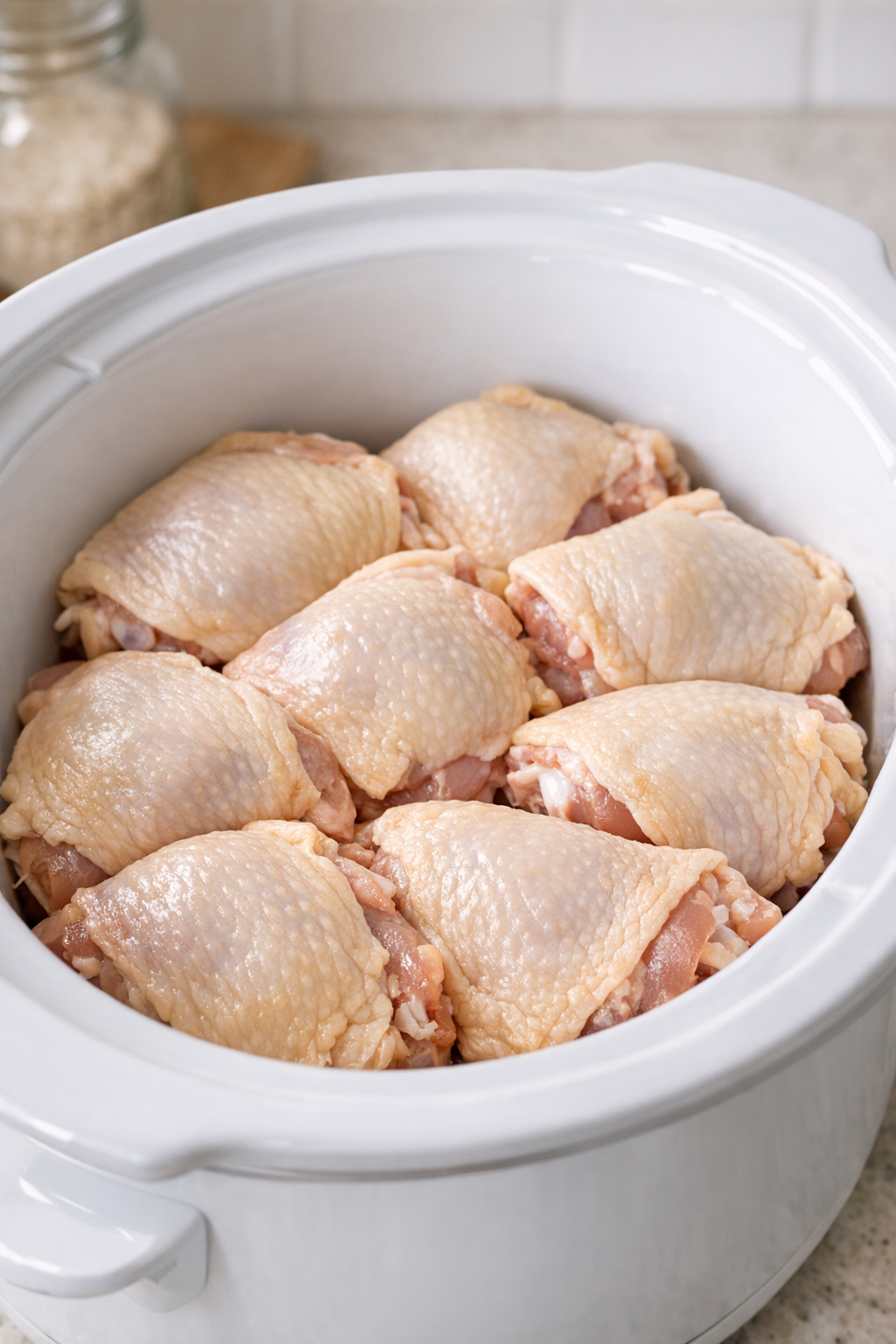 Chicken thighs arranged in a white slow cooker