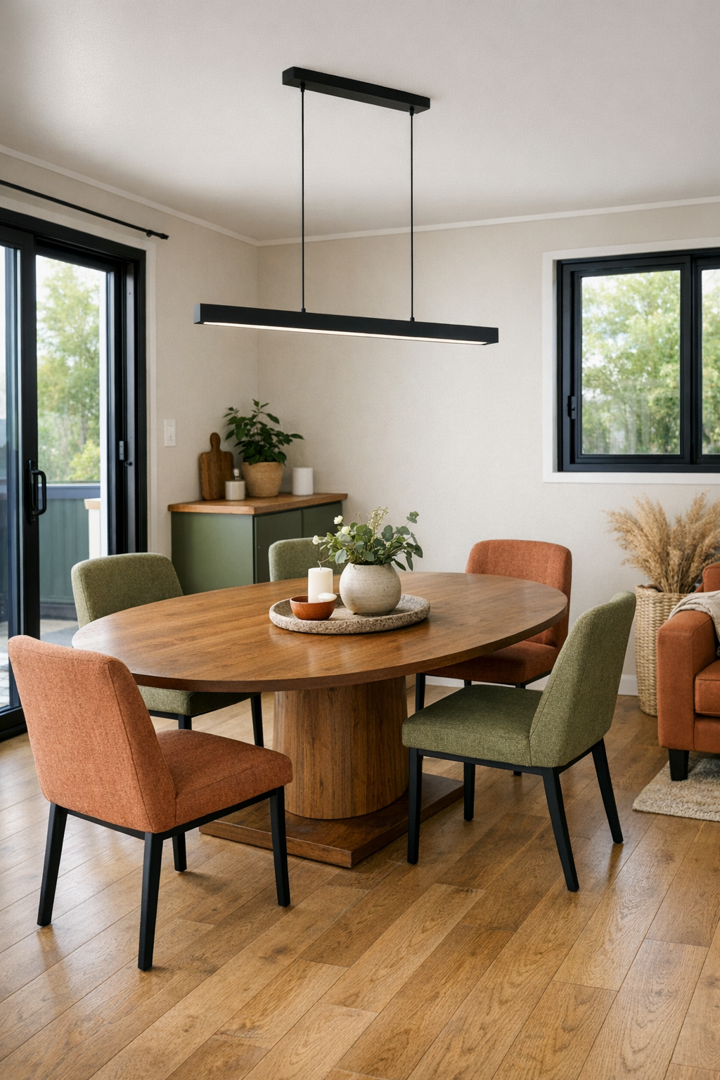 Warm modern dining room with an oval wood table and upholstered chairs in an accessible container home