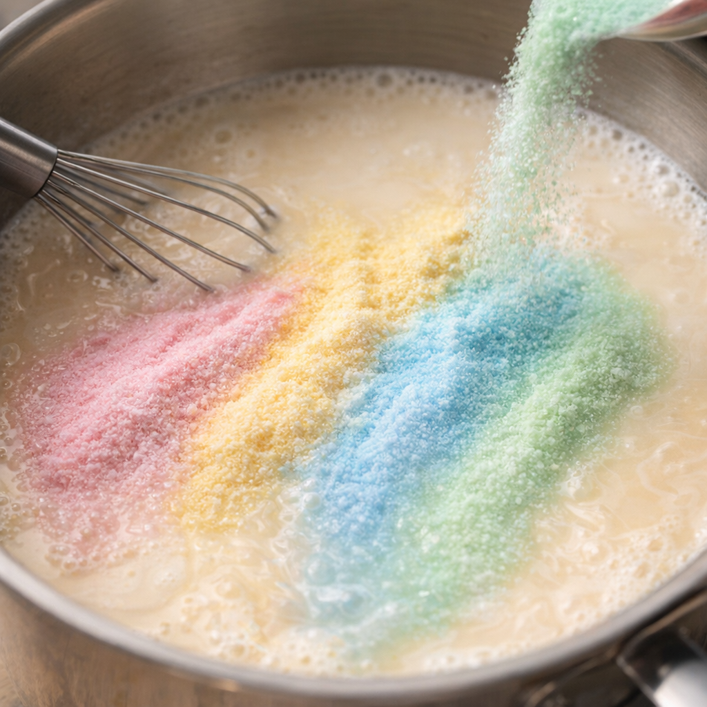 Colorful gelatin powder being added to warm cream mixture