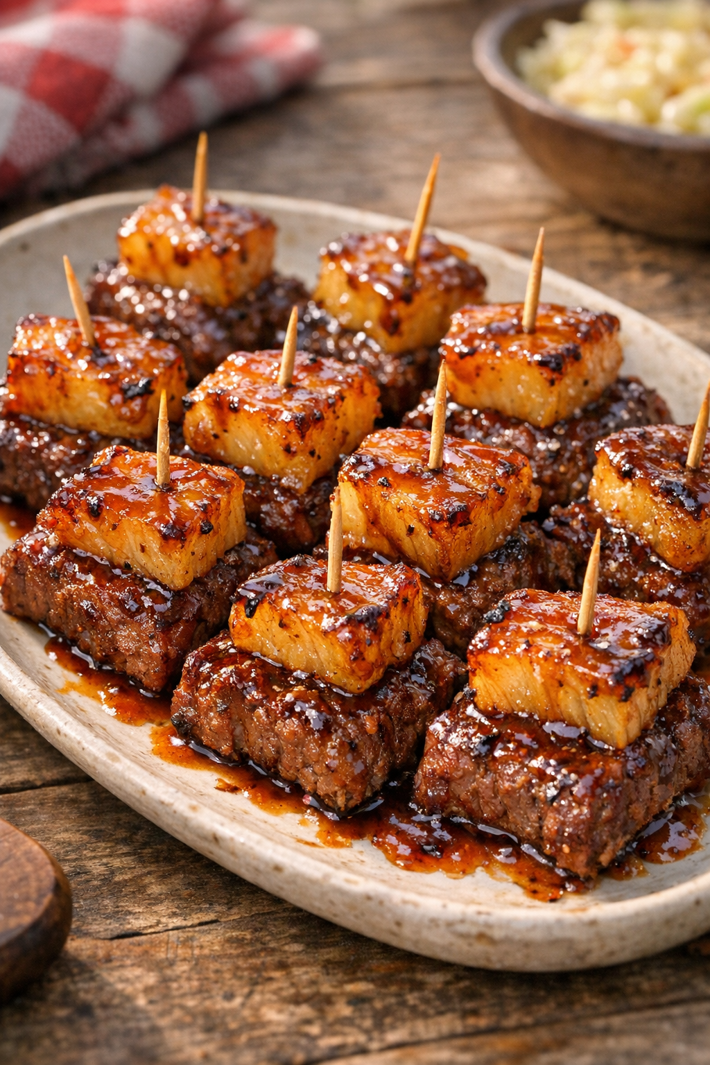 Barbecue-style beef pineapple bites with glossy sauce