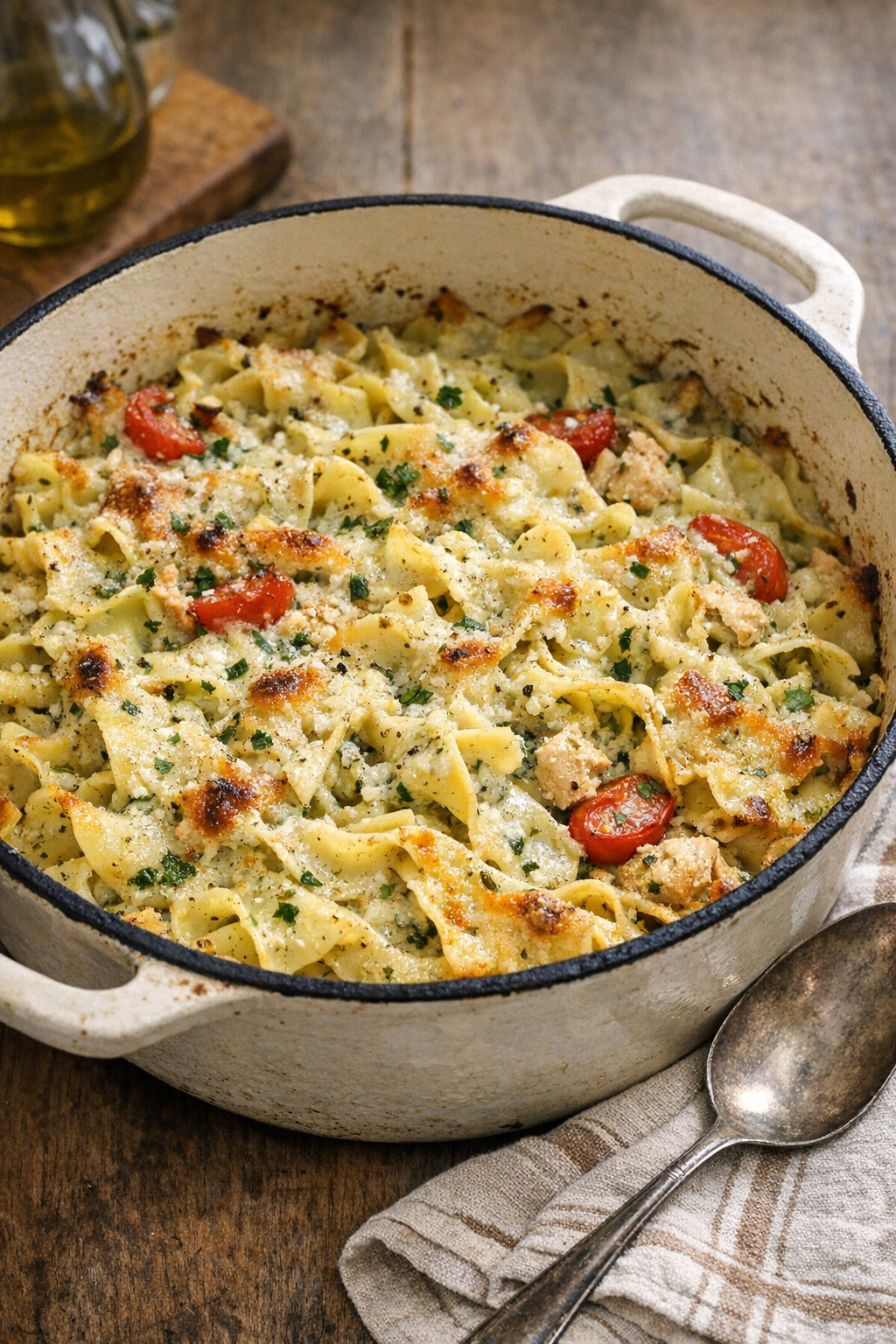 Finished baked creamy pesto egg noodles in a Dutch oven