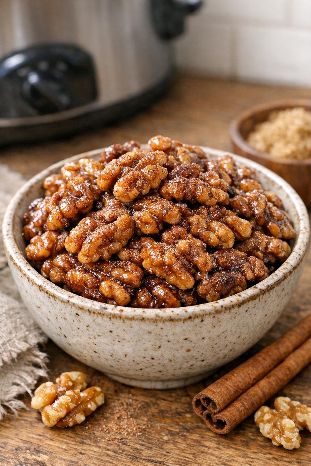 Finished slow cooker cinnamon brown sugar walnuts in a serving bowl