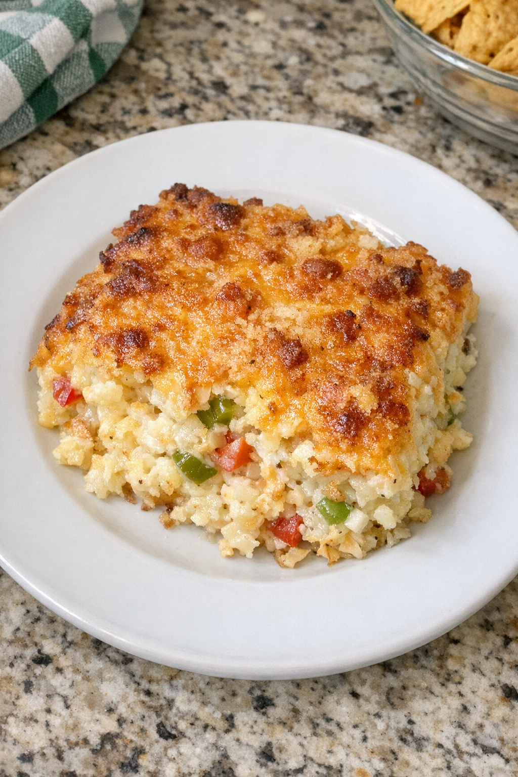Finished cheesy hash brown casserole plated on a white plate