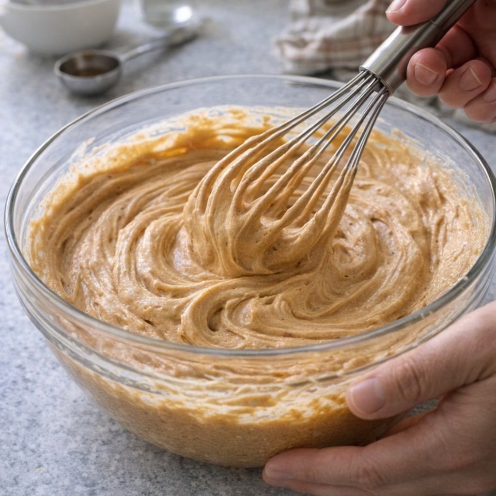 Fluffy coffee fudge layer being whisked until airy